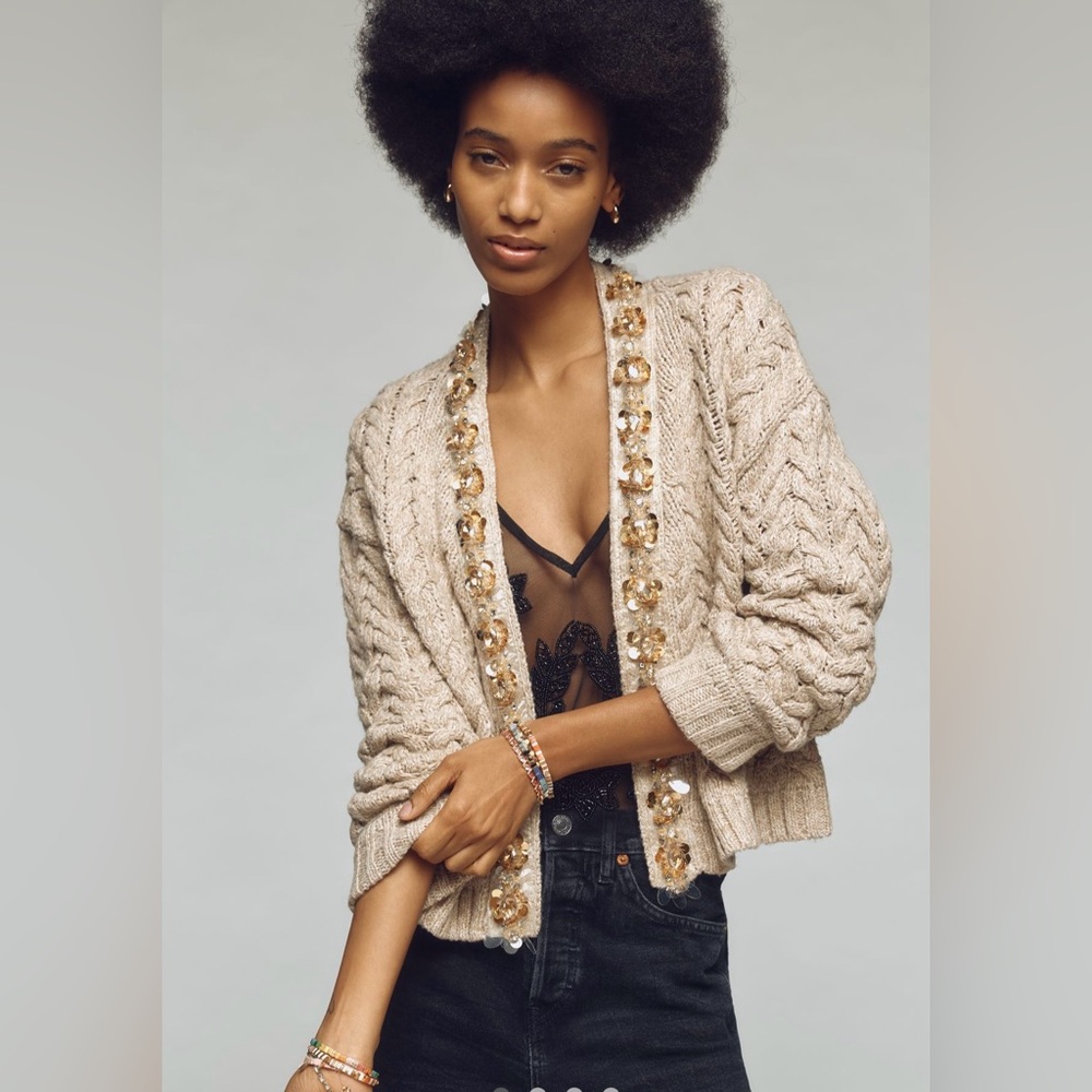 Maeve Cable-Knit Deco-trim cardigan. One size. NWT.